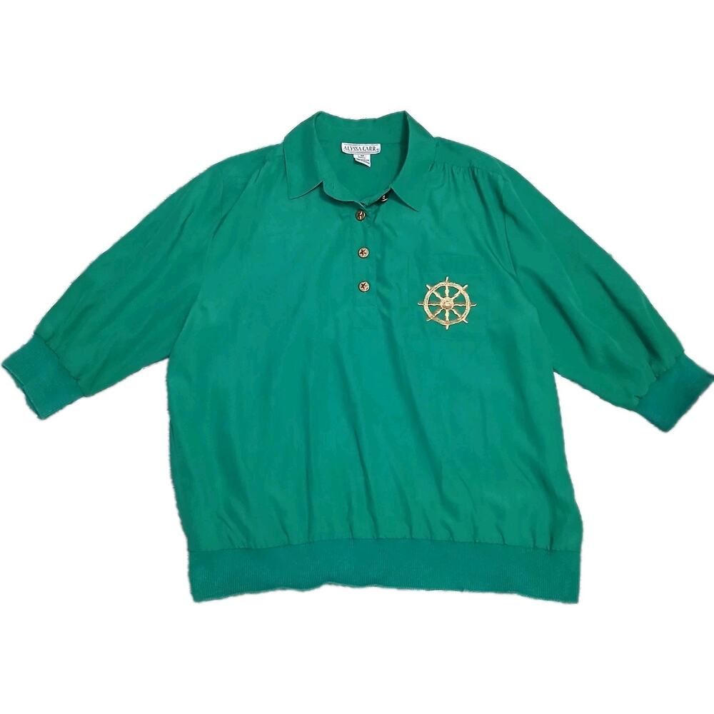 Vtg Alyssa Carr Green Nautical Pullover Top Gold Star Buttons Ship Wheel Women M